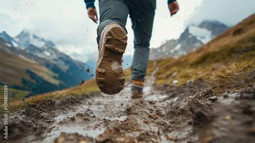 Close-up Face of Lone Hiker Sprinting Down Mountain Trail During Massive Landslide as Ground Crumbles Beneath Their Feet photo