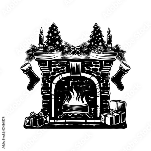 Christmas fireplace with a fire burning in it with Christmas socks and gift box on a white background. Vector illustration