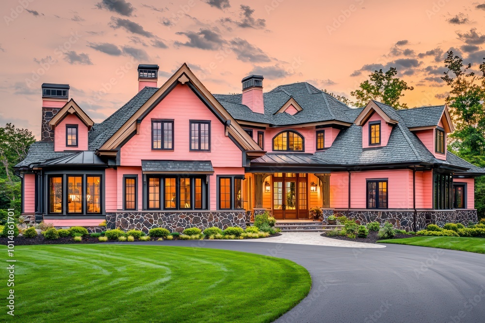 Home design with pastel coral accents in a traditional style, dark soapstone and oak details, expansive windows, sand-colored roof trim, a stamped asphalt driveway, and a manicured lawn Home design with pastel coral accents in a traditional style, dark soapstone and oak details, expansive windows, sand-colored roof trim, a stamped asphalt driveway, and a manicured lawn