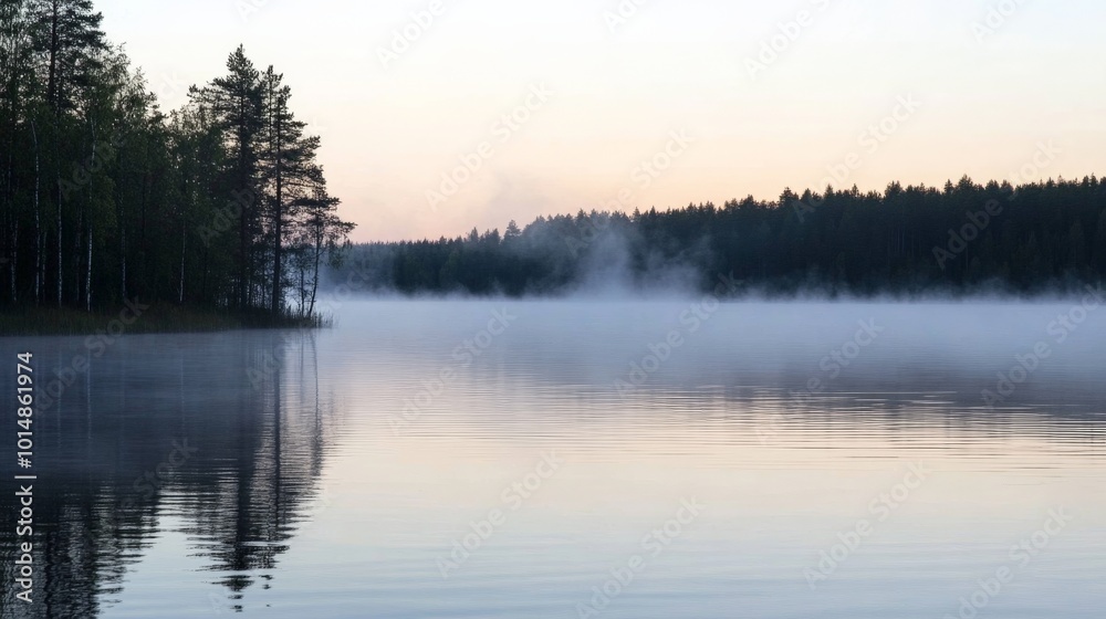Tranquil Misty Lake Surrounded by Serene Forest Landscape Tranquil Misty Lake Surrounded by Serene Forest Landscape