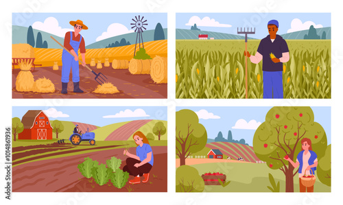 Agricultural farm banners. Farmers harvest crop, taking care of farm animals and plough land, organic food production flat vector illustration set. Farmland harvest season scenes