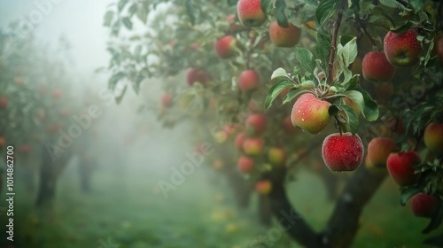 Rustic apple orchard at harvest, early morning mist and dew-covered apples glistening on trees, 