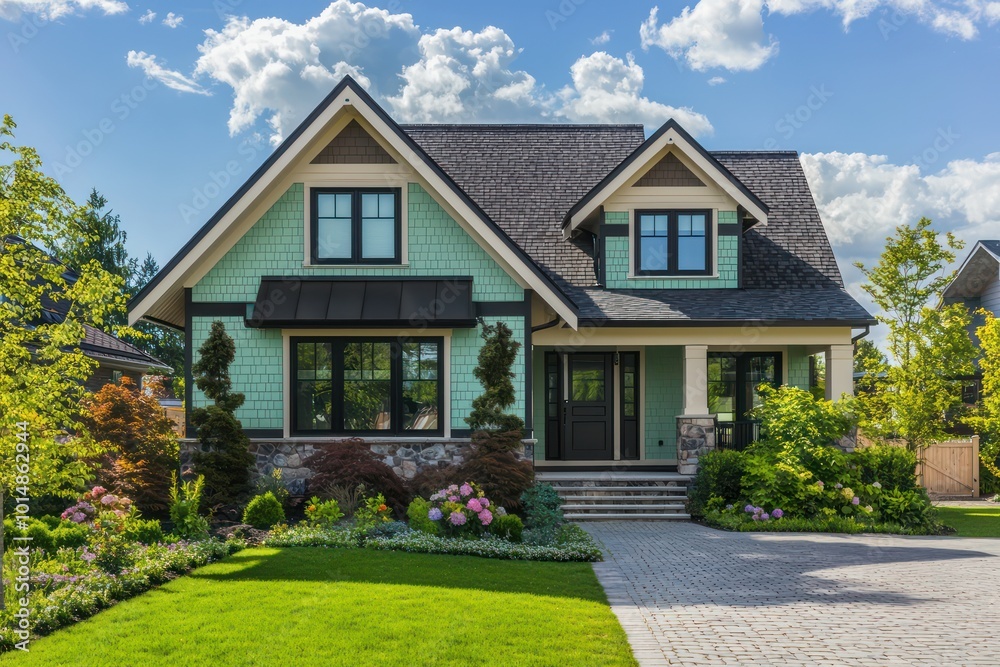 Home design with soft mint accents in traditional style, dark quartz and birch details, generous windows, bone roofline trim, a paver block driveway, and a flourishing front lawn Home design with soft mint accents in traditional style, dark quartz and birch details, generous windows, bone roofline trim, a paver block driveway, and a flourishing front lawn