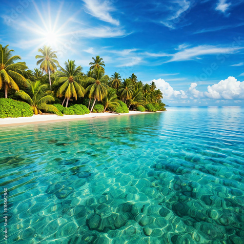 Tropical Island Beach with Turquoise Waters and Palm Trees