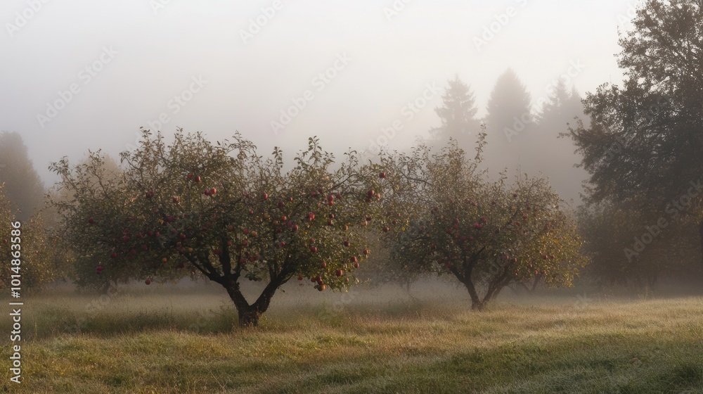 custom made wallpaper toronto digitalRustic apple orchard at harvest, early morning mist and dew-covered apples glistening on trees, 