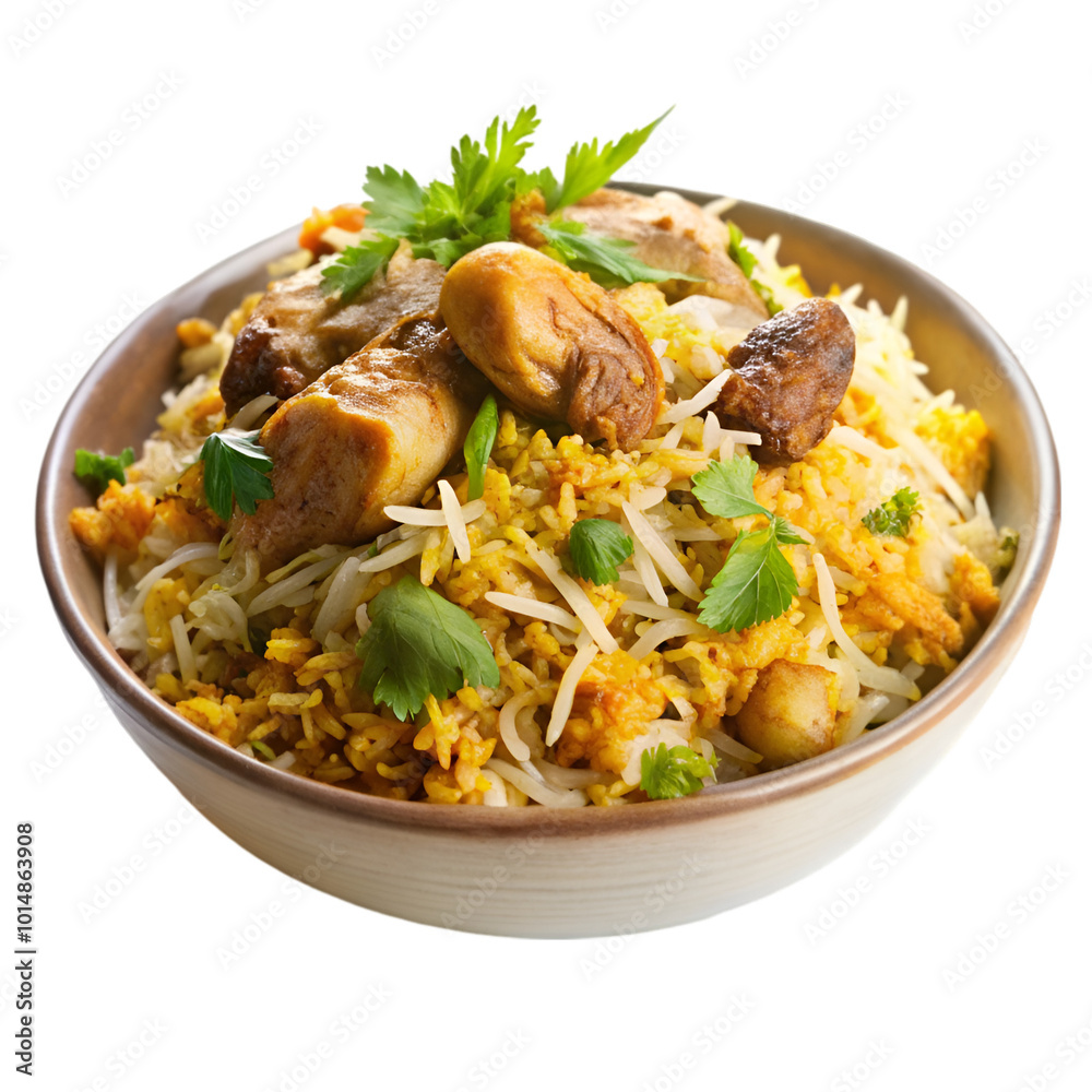 Bowl of biryani with chicken pieces with transparent background Bowl of biryani with chicken pieces with transparent background