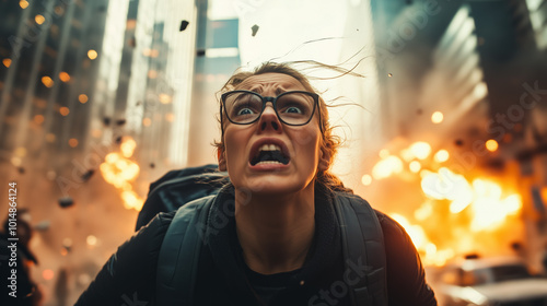 Adrenaline-Fueled Urban Adventure: A Woman Dashes Through an Exploding Cityscape as Debris and Smoke Fill the Air Around Her photo