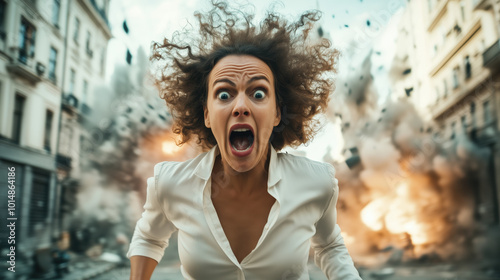 Intense Action Shot: Woman Sprinting Through a Cityscape Amidst Explosions and Crumbling Buildings, Capturing the Chaos of Urban Warfare photo