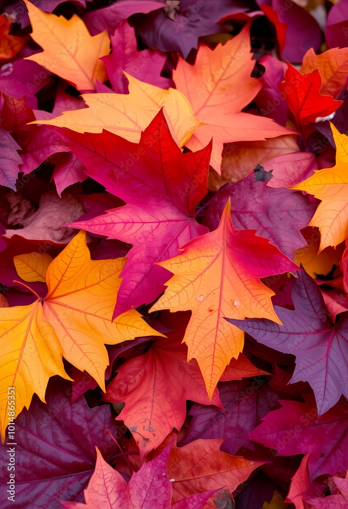 Detailed Autumn Leaves in Bold Red, Yellow, Purple, and Blue with Fine Vein Details and Soft Light Detailed Autumn Leaves in Bold Red, Yellow, Purple, and Blue with Fine Vein Details and Soft Light