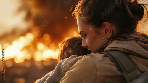 A mother shielding her child from a raging wildfire, flames in the background, tears in her eyes photo