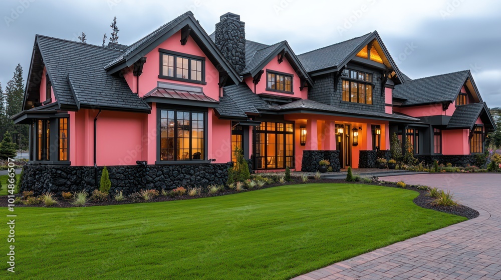Home exterior design in coral pink accents, with traditional style, featuring black volcanic rock and fir details, sweeping windows, eggshell roof trim, a brick driveway, and rich green grass Home exterior design in coral pink accents, with traditional style, featuring black volcanic rock and fir details, sweeping windows, eggshell roof trim, a brick driveway, and rich green grass