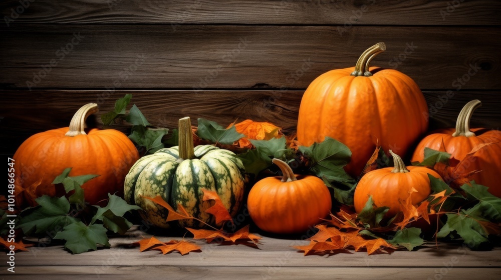 Fall foliage and pumpkins arranged on a wooden table Fall foliage and pumpkins arranged on a wooden table