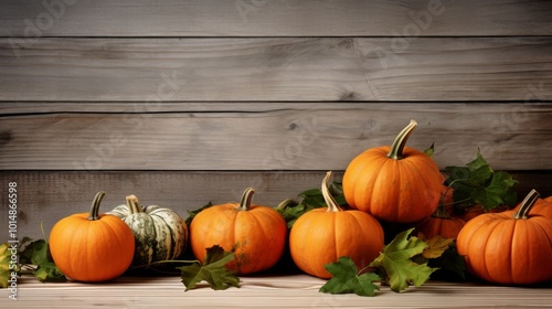 Colorful pumpkins with autumn leaves on a wooden table against a rustic backdrop.