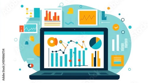Laptop displaying various sales and analytics charts for an online business, great for e-commerce success and digital marketing themes