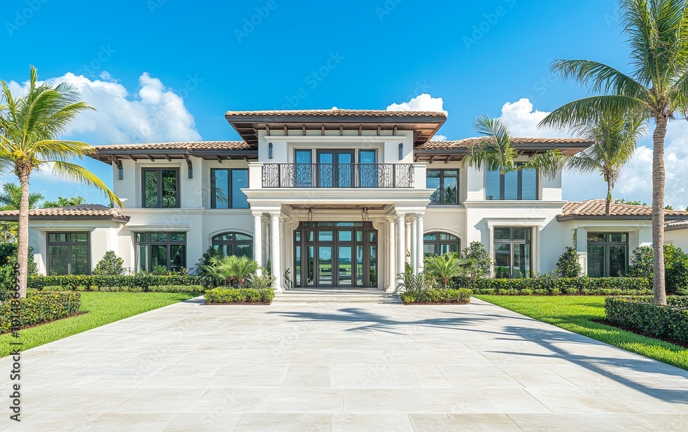 A luxurious modern house with a grand entrance, palm trees, and a spacious driveway under a clear blue sky.