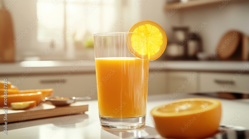 Refreshing Orange Juice in a Cozy Kitchen Setting Refreshing Orange Juice in a Cozy Kitchen Setting