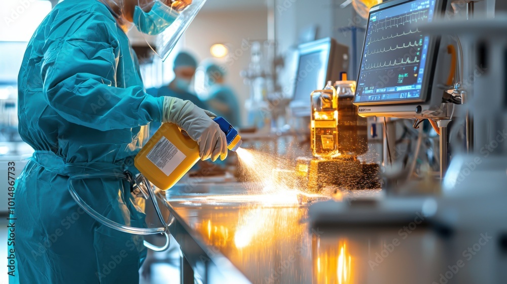 Diligent Hospital Cleaning Crew Sanitizing Medical Equipment in Sterile Environment Diligent Hospital Cleaning Crew Sanitizing Medical Equipment in Sterile Environment