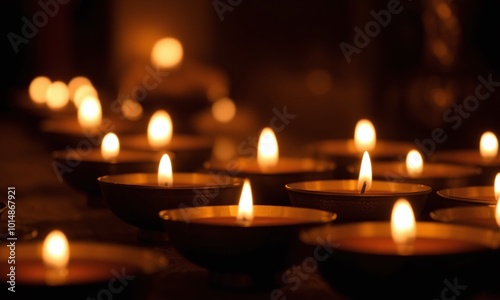 Ornate golden diya lamp, glowing candles photo