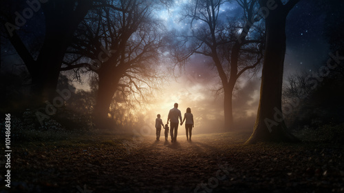 A family guiding each other through a dark and stormy forest