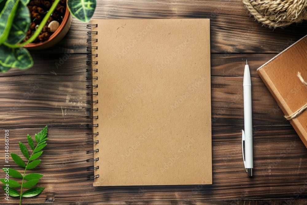 Kraft paper spiral notebook on a rustic wooden background with pen, potted plant, leaf, and wrapped gift. Flat lay composition for natural and eco-friendly design. Mockup. Generative AI Kraft paper spiral notebook on a rustic wooden background with pen, potted plant, leaf, and wrapped gift. Flat lay composition for natural and eco-friendly design. Mockup. Generative AI