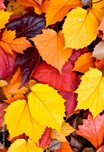 Layered Bed of Bright Yellow, Deep Purple, and Fiery Orange Autumn Leaves with Crisp Natural Textures