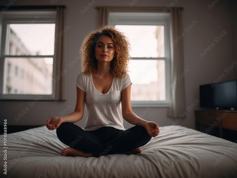 woman sitting on bed against window at home. AI Generative woman sitting on bed against window at home. AI Generative