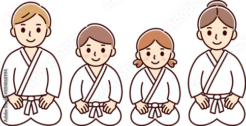 Cute cartoon kids and adults martial arts sitting seiza
