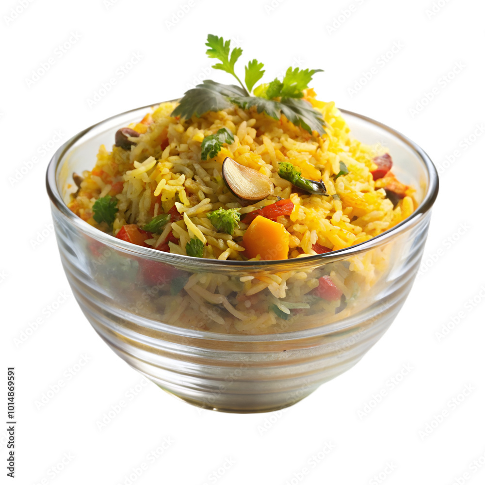 Veg Schezwan Fried Rice on white bowl isolated on transparent background Veg Schezwan Fried Rice on white bowl isolated on transparent background