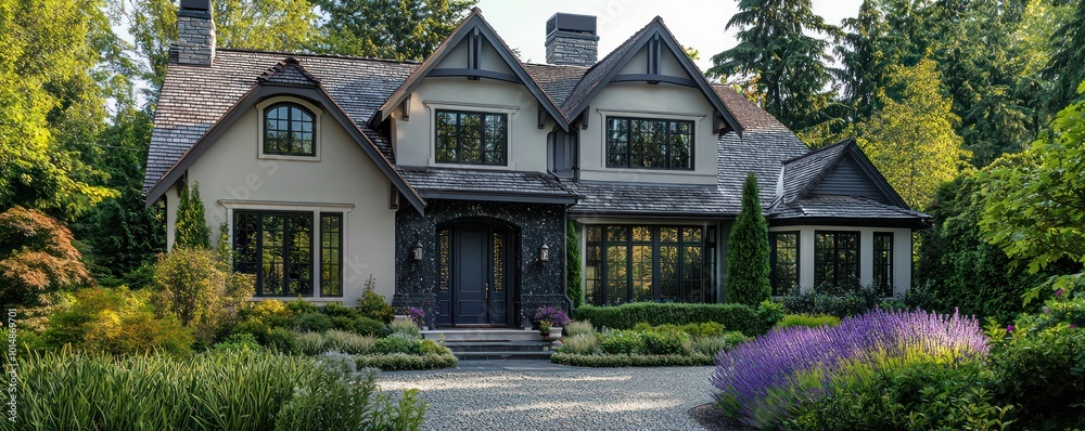Home exterior design with pale lavender accents, traditional architecture, dark granite and spruce details, large windows, ash gray trim on the roof, a pebble driveway, and a lush green front Home exterior design with pale lavender accents, traditional architecture, dark granite and spruce details, large windows, ash gray trim on the roof, a pebble driveway, and a lush green front