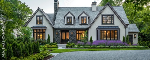 Home exterior design with pale lavender accents, traditional architecture, dark granite and spruce details, large windows, ash gray trim on the roof, a pebble driveway, and a lush green front