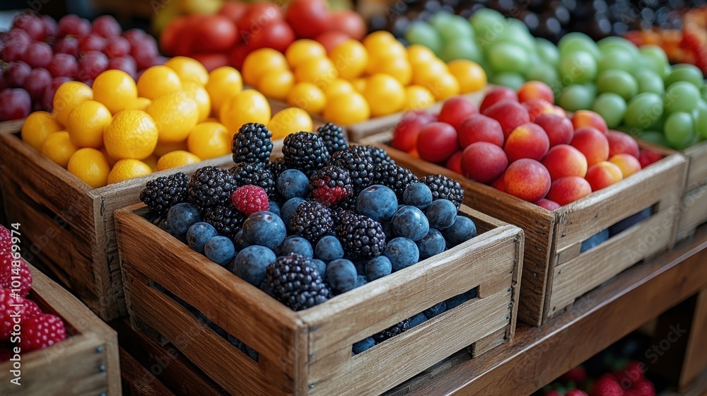 Rustic wooden crates filled with fruits, viewed from a low angle, showcasing the abundance and freshness of the harvest 
