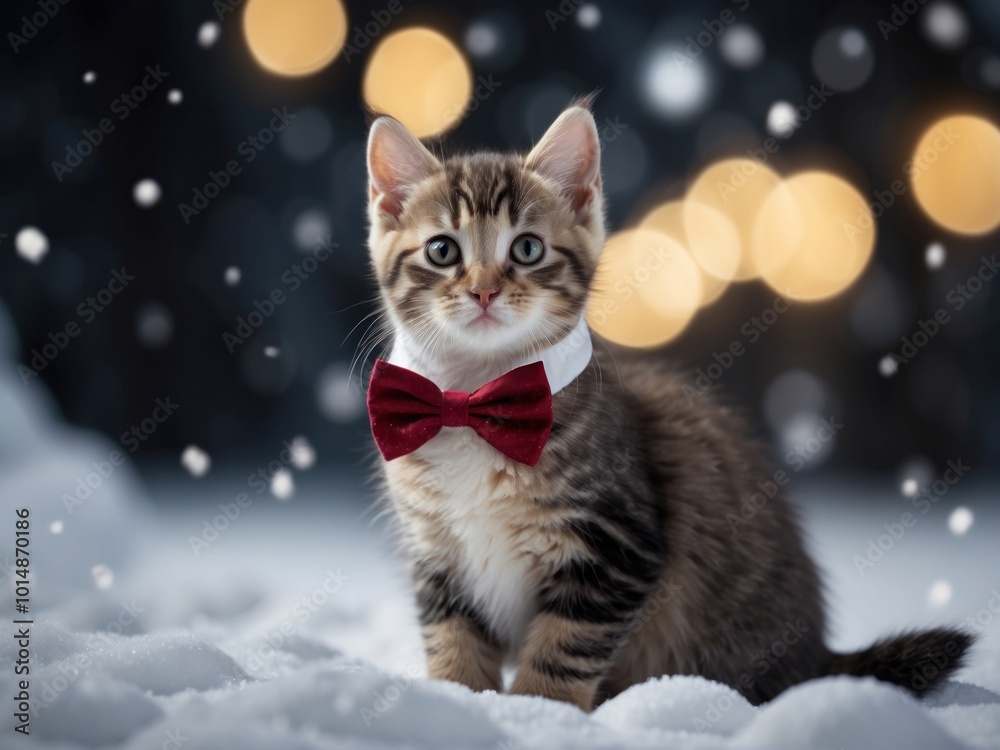 Cute kitten wearing reindeer's antlers and bow tie in snow background. AI Generative Cute kitten wearing reindeer's antlers and bow tie in snow background. AI Generative
