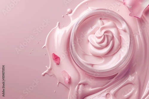 Swirled pink cream in an open jar with splashes and flower petals on a pastel background.Mockup. Generative AI