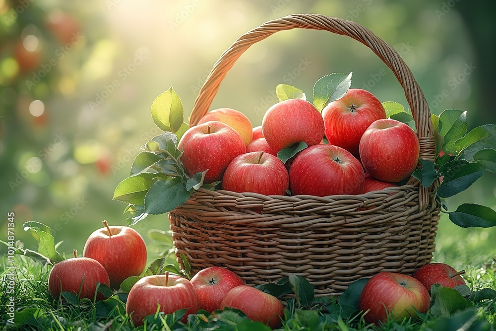 A basket of apples on the grass, with some apple fruits scattered around it A basket of apples on the grass, with some apple fruits scattered around it