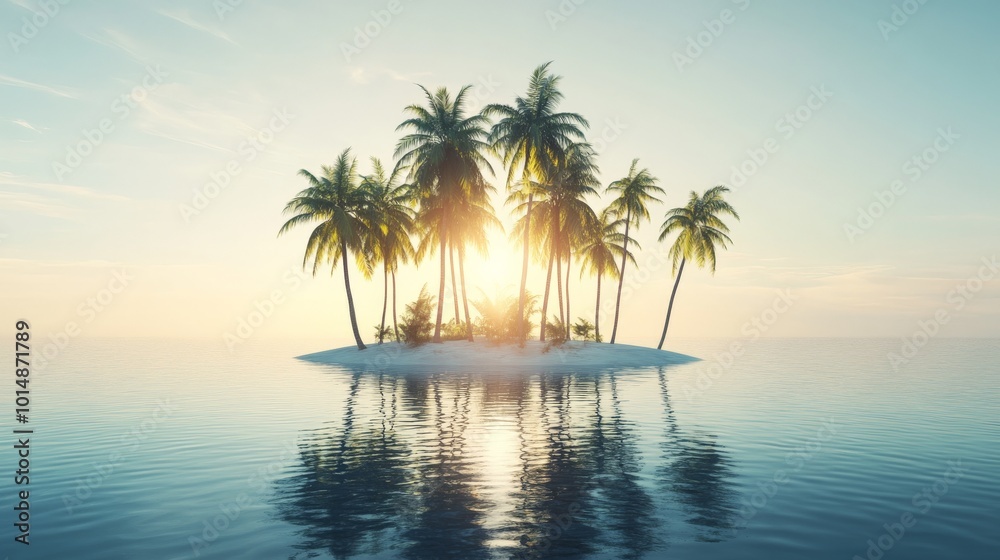 Tropical Paradise Island with Palm Trees at Sunset