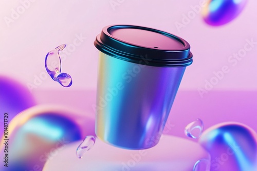 paper coffee cup mockup, on the background 3D iridescent glass is floating