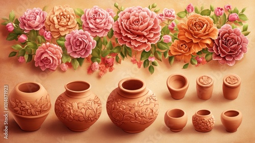 Clay pots of different sizes with floral carvings arranged in a row on a light brown background with a floral design at the top.