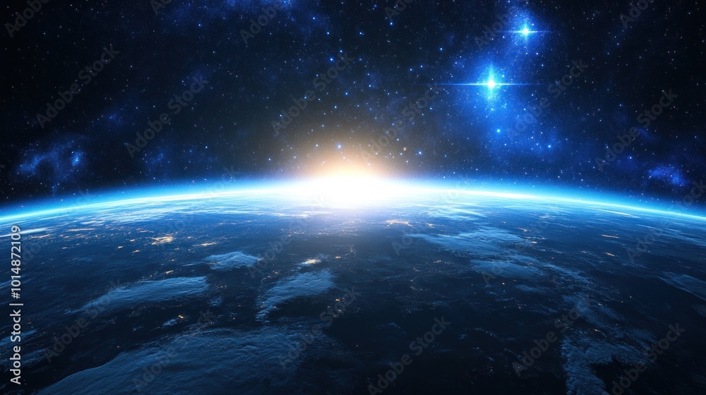 Fototapeta premium A breathtaking view of Earth from space, with a sunrise illuminating the planet's surface.