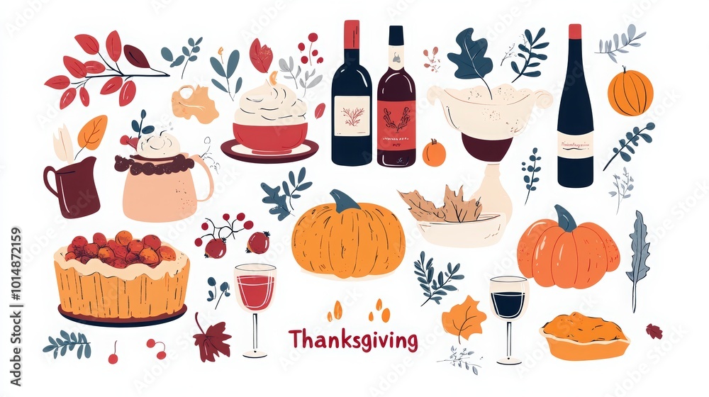 a set of cute cartoon icons for Happy Thanksgiving Day, happy turkey dinner table, pumpkin pie and wine bottle, candles, herb leaves, and abstract fall elements for a banner or poster design a set of cute cartoon icons for Happy Thanksgiving Day, happy turkey dinner table, pumpkin pie and wine bottle, candles, herb leaves, and abstract fall elements for a banner or poster design