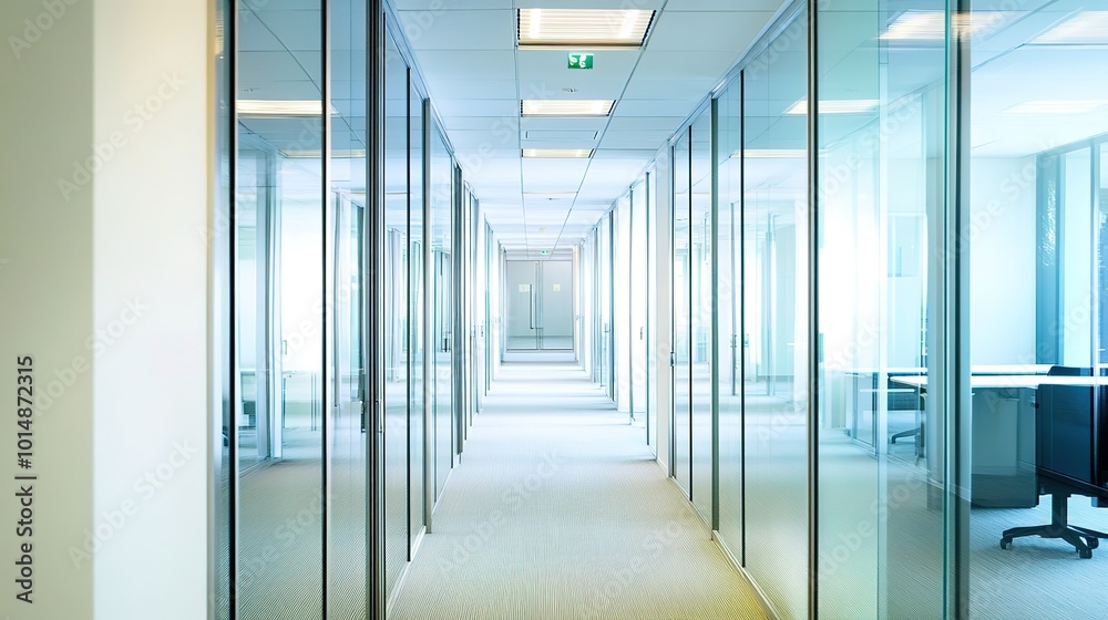 A spacious and modern long office hallway lined with glass doors, creating an open and inviting atmosphere. The sleek design features contemporary lighting and minimalist decor, A spacious and modern long office hallway lined with glass doors, creating an open and inviting atmosphere. The sleek design features contemporary lighting and minimalist decor,