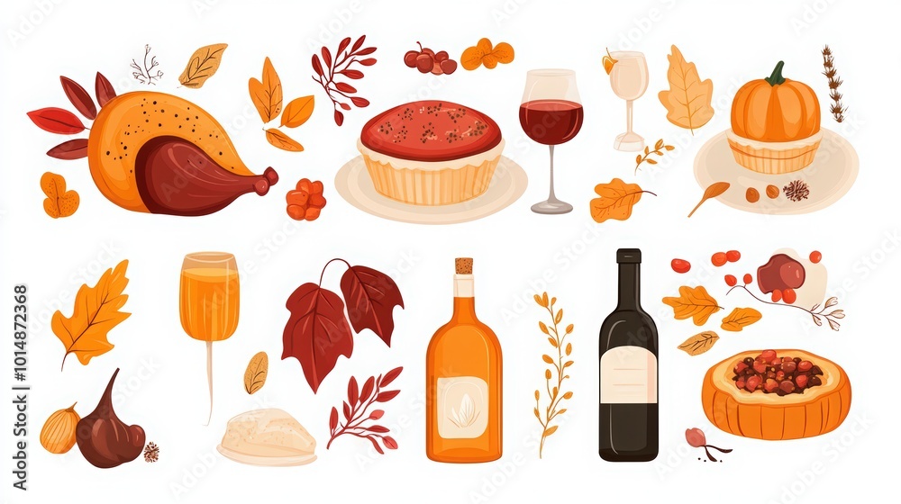 a set of cute cartoon icons for Happy Thanksgiving Day, happy turkey dinner table, pumpkin pie and wine bottle, candles, herb leaves, and abstract fall elements for a banner or poster design a set of cute cartoon icons for Happy Thanksgiving Day, happy turkey dinner table, pumpkin pie and wine bottle, candles, herb leaves, and abstract fall elements for a banner or poster design