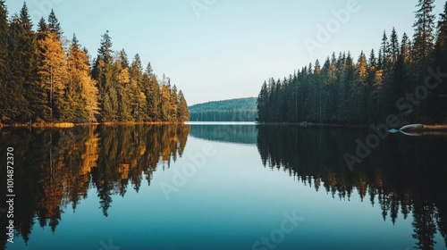 Serene Autumn Reflection in a Tranquil Forest Lake