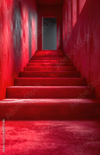 A red room with a long, carpeted staircase leading down with a faint light at the end.