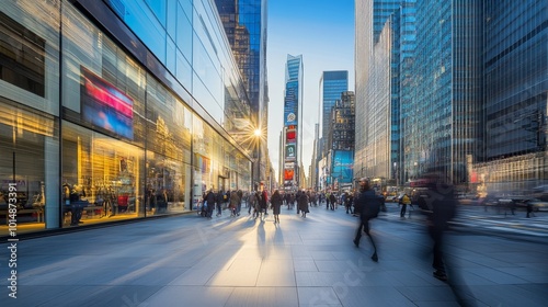 A bustling city street at twilight, showcasing modern architecture and vibrant activity in an urban setting.