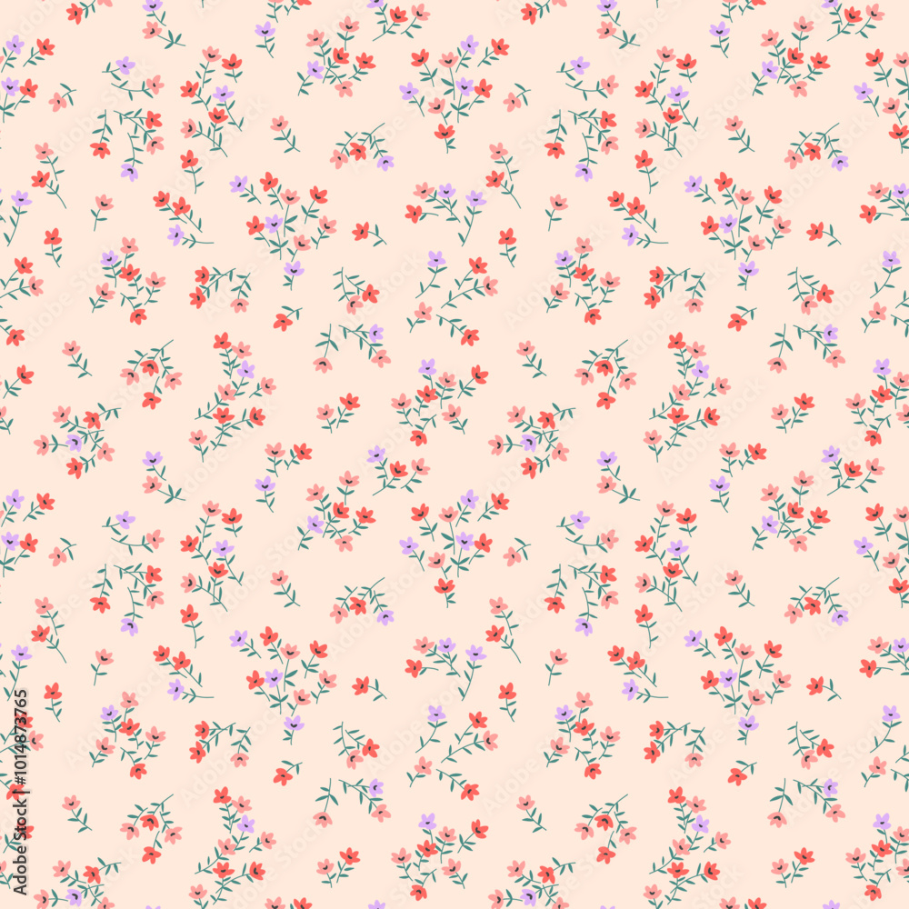 Cute floral background. Floral pattern with small red, lilac and coral flowers on a ivory pink background. Seamless pattern for design and fashion prints. Ditsy style. Stock vector illustration.