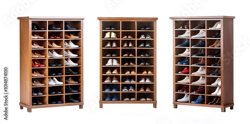 Three wooden shoe racks with multiple compartments for ample shoe storage. photo