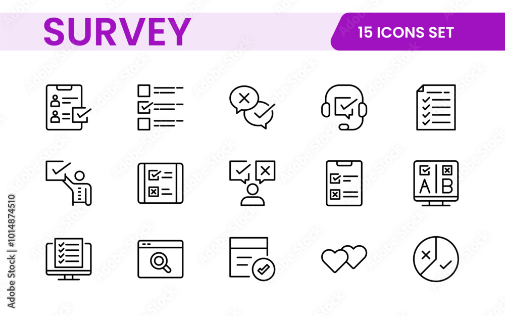 Survey feedback, testimonial, customer thin line icons. For website marketing design, logo, app, template, ui, etc. Survey feedback, testimonial, customer thin line icons. For website marketing design, logo, app, template, ui, etc.