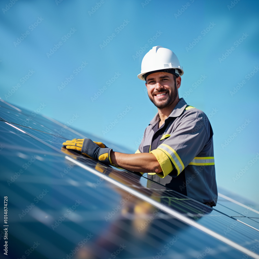 A smiling technician in a hard hat works on solar panels under a clear blue sky. For promoting renewable energy, solar technology, and green jobs in marketing materials or educational content. A smiling technician in a hard hat works on solar panels under a clear blue sky. For promoting renewable energy, solar technology, and green jobs in marketing materials or educational content.