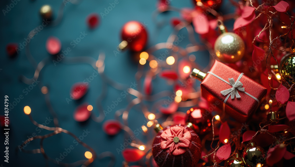 Holiday Gift Wrapped in Red on a Festive Background With Ornaments Holiday Gift Wrapped in Red on a Festive Background With Ornaments