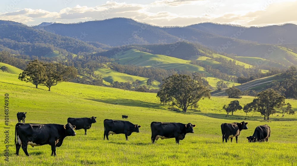 Pastoral Bliss: Cows Grazing in Rolling Green Meadows with Mountain Backdrop